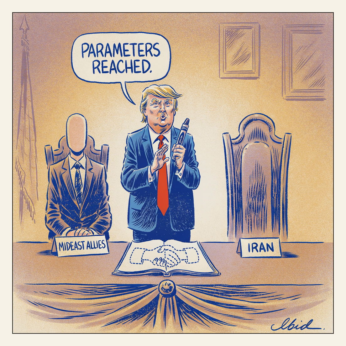 Editorial cartoon: at a treaty-signing table, Donald Trump beams and holds a fat blunt crayon aloft over an oversized coloring-book page showing a dotted, entirely uncolored outline of two clasped hands. He is flanked by two faceless suited delegates, one behind a nameplate reading MIDEAST ALLIES. At the far end of the table a chair sits empty and pushed in behind a place card reading IRAN.