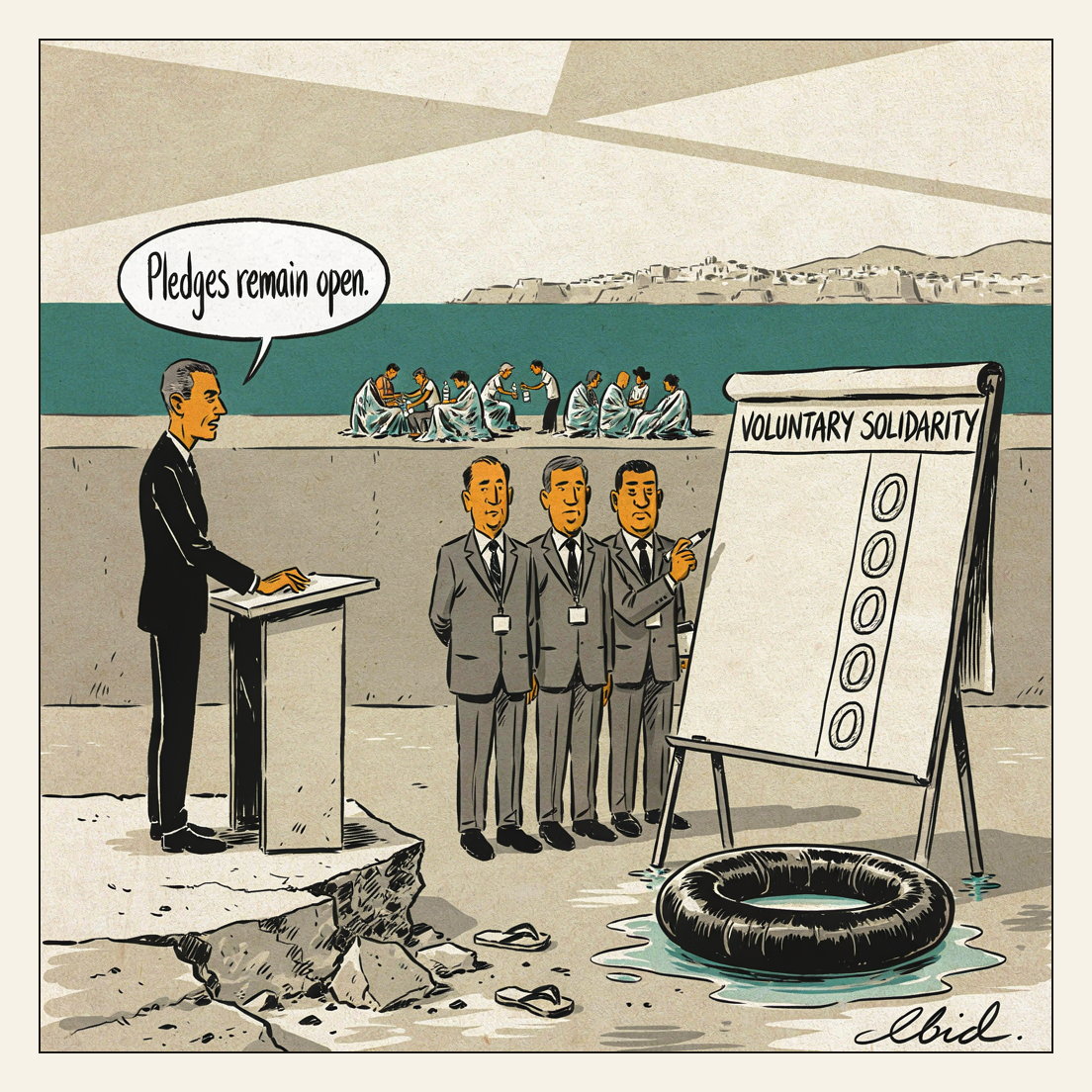 On a concrete breakwater in Ceuta at hard noon, Pedro Sanchez speaks from a portable lectern; three anonymous grey-suited EU ministers stand beside a flipchart headed VOLUNTARY SOLIDARITY bearing a single column of zeros. Far behind them, small and blurred, local residents hand bottled water to people in foil blankets. In the foreground, directly beneath the zeros, a deflated black inner tube lies in a pool of water among scattered flip-flops.