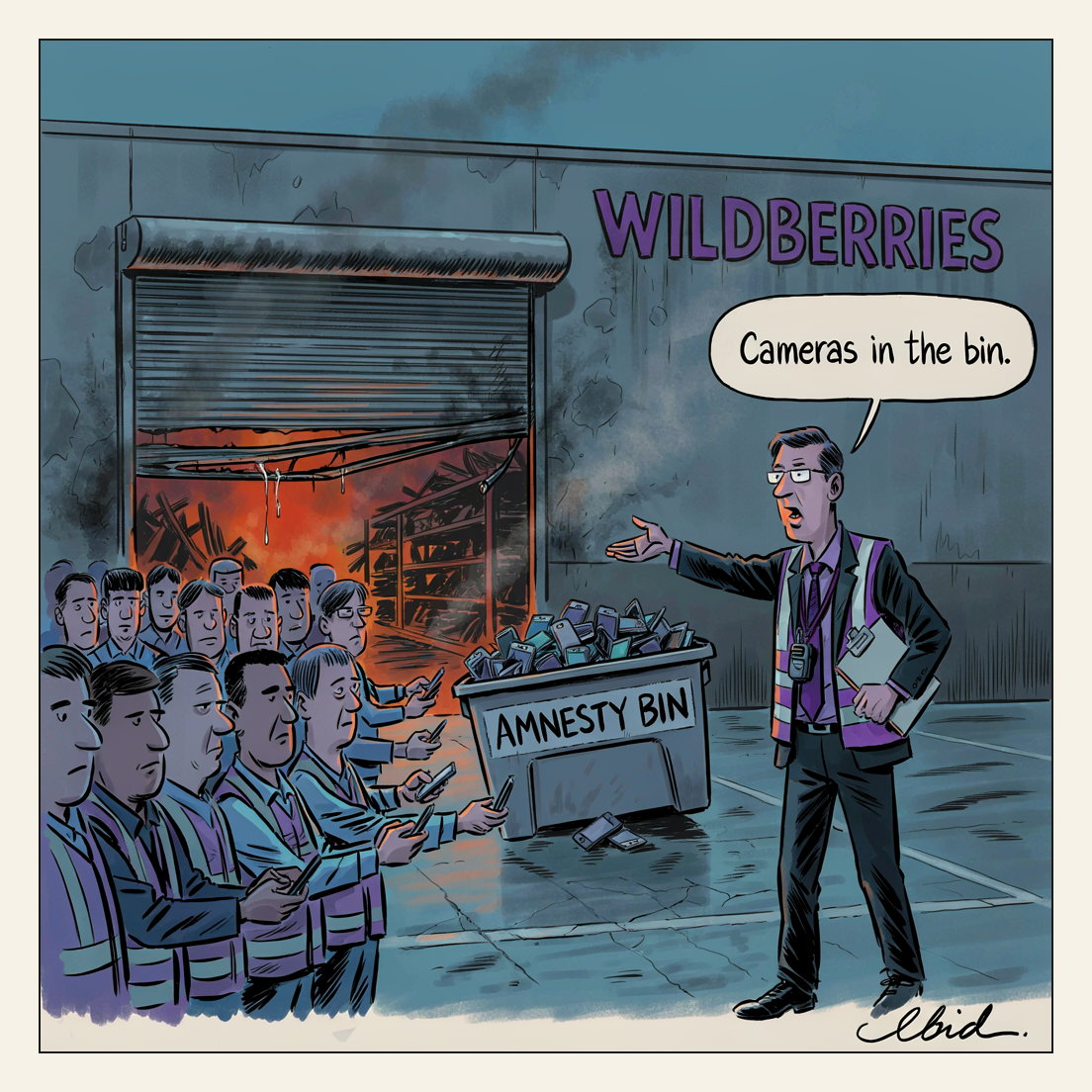 Editorial cartoon: at dawn outside a scorched Wildberries warehouse, a lanyarded supervisor holds out a grey bin stencilled AMNESTY BIN, heaped with confiscated camera phones, while a queue of workers files past holding their handsets out; orange fire-glow shows through the buckled roller door behind them.
