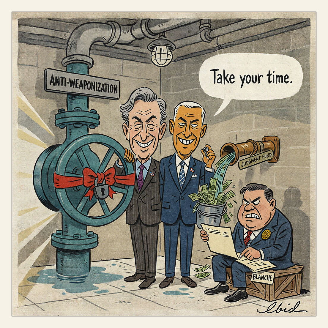 Cartoon of a Justice Department basement: two grinning senators pose with a padlock and red ribbon on a huge dry valve labeled ANTI-WEAPONIZATION, while two feet away a rusty pipe tagged JUDGMENT FUND gushes cash into a bucket held by Todd Blanche, seated on a crate writing a check and saying 'Take your time.'