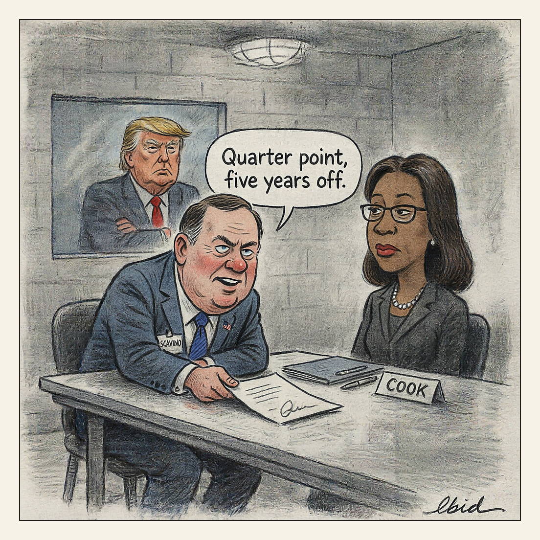 Editorial cartoon: in a bare interrogation room Dan Scavino leans across a steel table to slide a signed letter toward Federal Reserve governor Lisa Cook, who sits straight-backed with her pen capped, while Donald Trump watches in silence from behind one-way mirror glass.