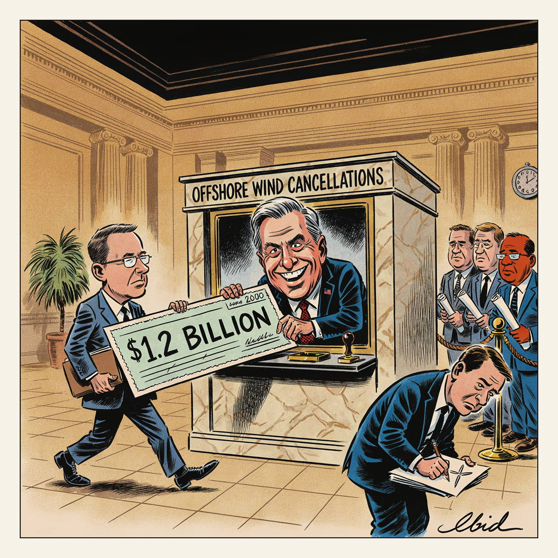 Editorial cartoon: at a Department of the Interior teller window stencilled OFFSHORE WIND CANCELLATIONS, Doug Burgum pushes a $1.2 BILLION cheque out to RWE chief Markus Krebber, who strides off with it; a queue of executives waits behind a rope, and at the front of the queue nearest the reader a sweating young man hurriedly pencils his first wind turbine onto a blank sheet.
