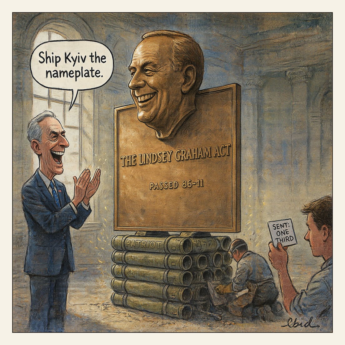 In a dim marble Capitol engraving shop, a stonecutter buffs a huge bronze dedication plaque reading THE LINDSEY GRAHAM ACT / PASSED 86-11, propped on a plinth crudely stacked from empty missile canisters stencilled PATRIOT; a very tall silver-haired senator applauds from the left, saying 'Ship Kyiv the nameplate.', while a staffer in the right foreground holds up a card reading SENT: ONE THIRD.