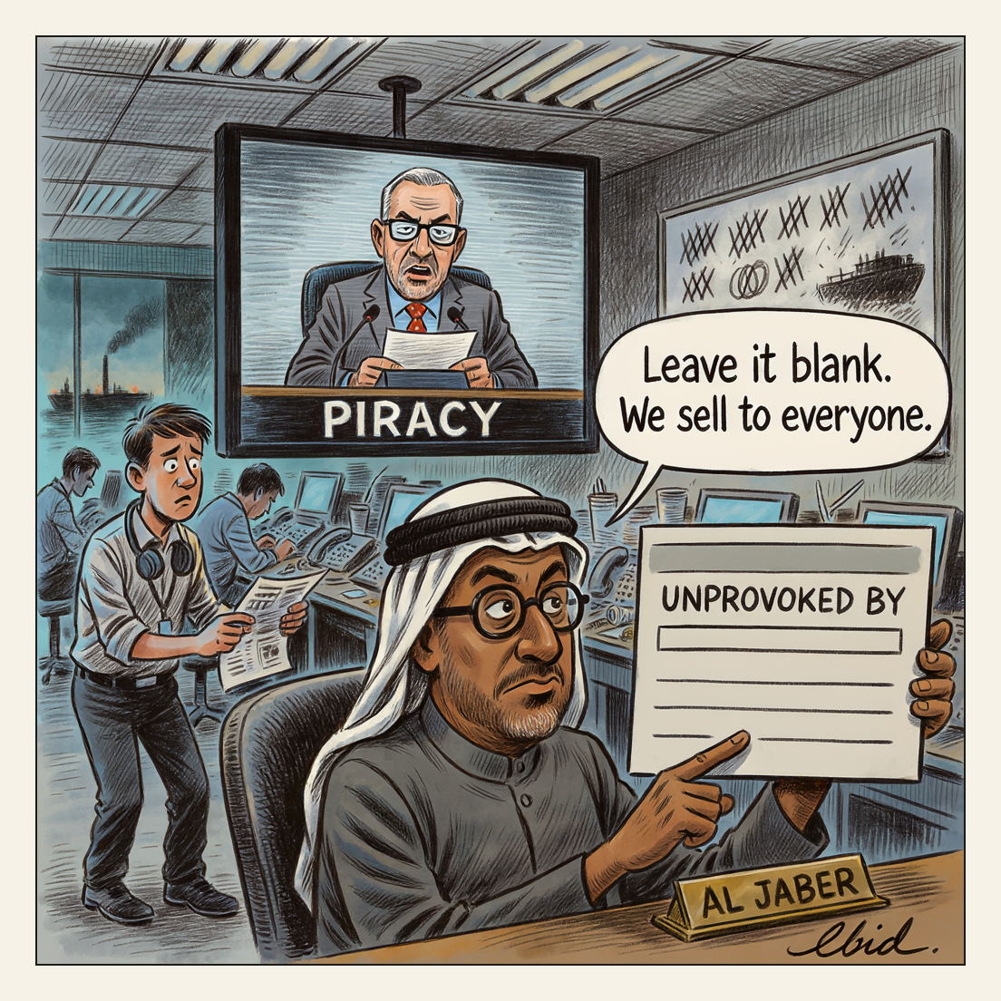 Editorial cartoon: in an ADNOC press office at night, a wall screen shows the UAE foreign minister mid-briefing under a chyron reading PIRACY, while the company's chief executive holds up a draft press release facing the reader that reads 'UNPROVOKED BY' above a long empty ruled line, his finger resting on the blank; a headset-wearing young staffer clutches the ministry's printout, and a whiteboard behind them carries fifteen tally strokes, three freshly circled.