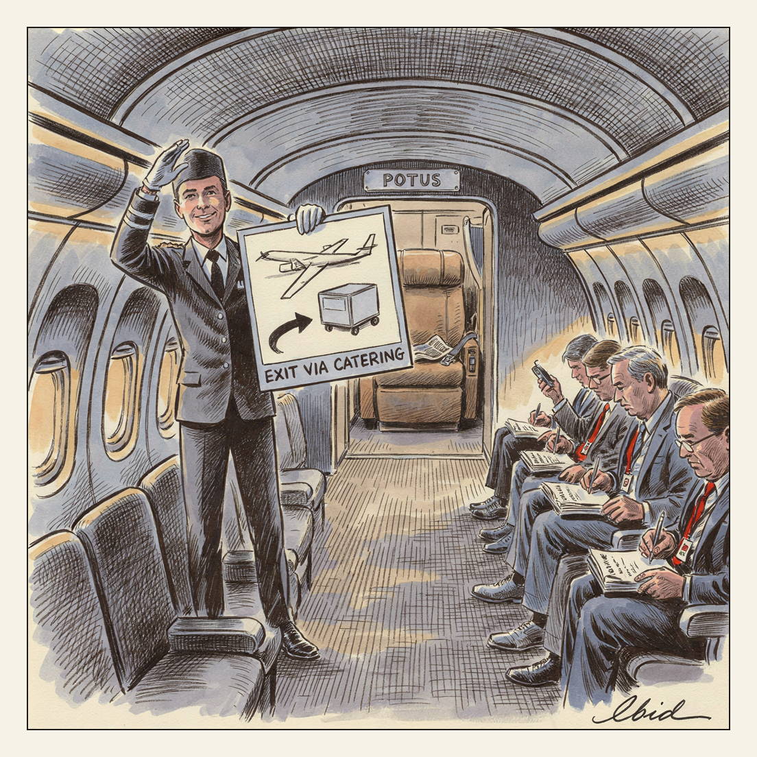 Editorial cartoon inside a windowless airliner press cabin: a white-gloved steward holds up a laminated safety card whose diagram routes the exit through an airport catering container, while lanyarded pool reporters copy it into notebooks beside fully drawn window shades, and an open forward door shows an empty presidential armchair.