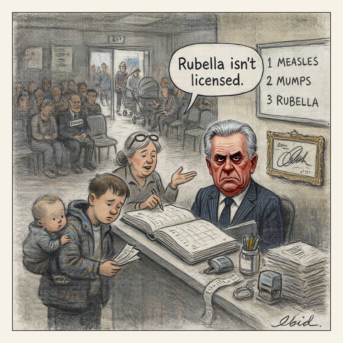 A jammed pediatric clinic front desk: a harried receptionist holds her pen over a vast appointment ledger and tells a parent holding a baby that rubella isn't licensed, while a whiteboard behind her numbers three separate visits for measles, mumps and rubella, a framed order with a huge marker signature hangs crooked beside it, and Robert F. Kennedy Jr. sits waiting in the packed chairs.