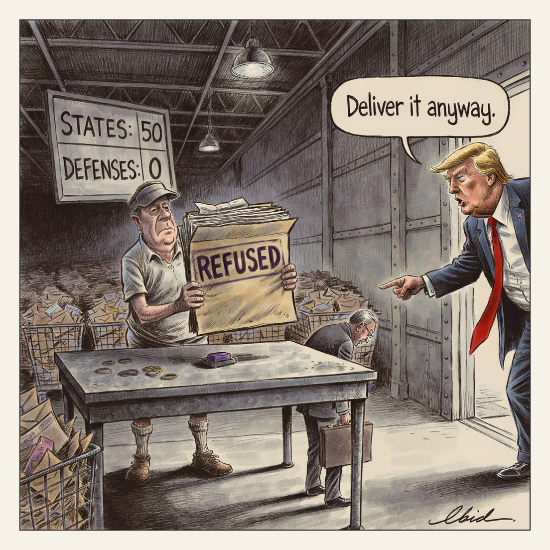 In a dim Postal Service mail recovery center, a clerk holds up a burst kraft envelope stuffed with Trump's mail-in voting executive order, stamped REFUSED, facing the reader. A chalk wall tally behind him reads STATES: 50 and DEFENSES: 0. Trump leans in from a bright doorway jabbing a finger and saying 'Deliver it anyway,' while a gray-suited Justice Department lawyer waits in the shadows holding a thin empty briefcase and looking at his shoes.