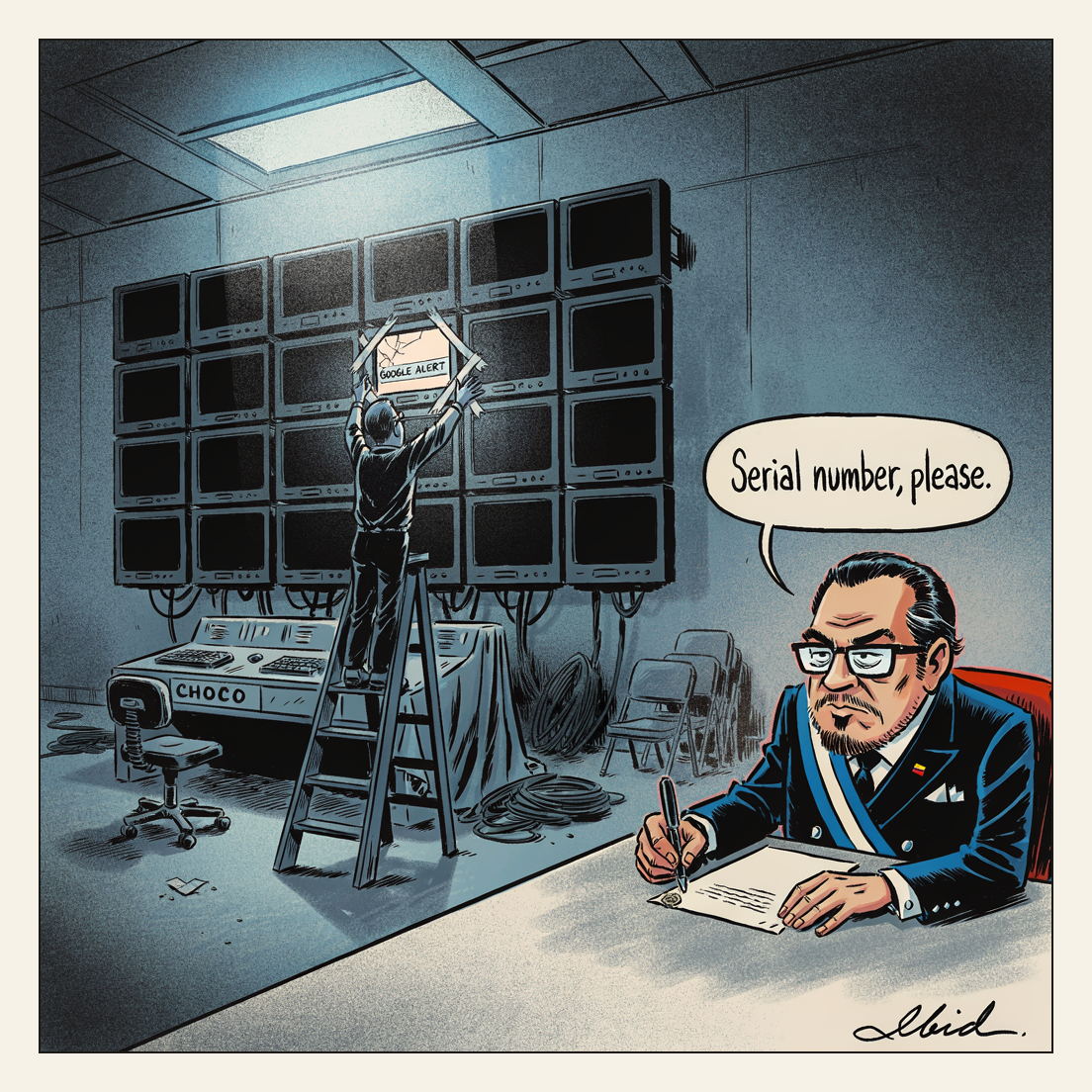 A dim government crisis room at dawn: a wall of thirty dead, unplugged monitors, and taped to the exact centre of it a single cracked mobile phone showing a Google Alert. A clerk on a stepladder presses down the last strip of tape. In the foreground, Colombia's four-day-old president signs an emergency decree without looking up, asking for the phone's serial number. An empty console beneath the screens is stencilled CHOCO.