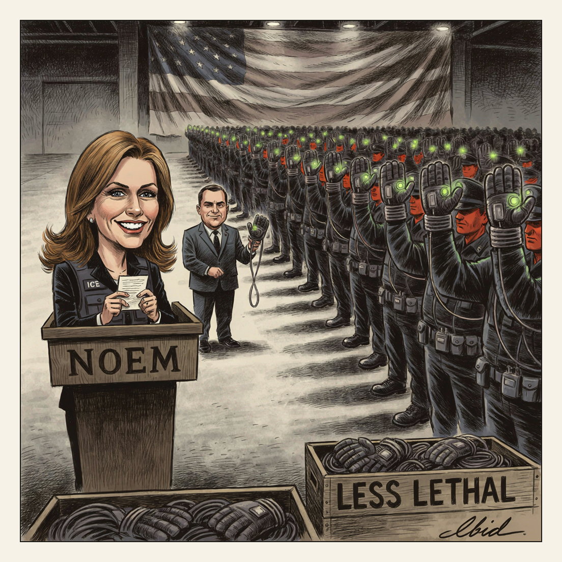 Editorial cartoon: rows of new ICE officers raise their right hands at a mass swearing-in, every hand sheathed in a bulky wired glove with a small green indicator lamp, wires running to battery boxes on their belts. Kristi Noem reads from a card at a lectern marked NOEM while an aide lifts a spare glove from a foreground crate stencilled LESS LETHAL.