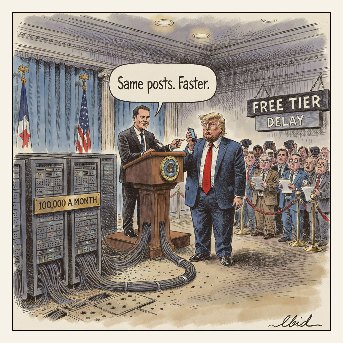 An editorial cartoon of the White House briefing room: the front rows of press chairs have been ripped out and replaced by humming server racks cabled to the podium, one rack wearing a brass plaque reading 100,000 A MONTH. Trump Media's CEO works a laser pointer at them while Donald Trump thumbs his phone beside the podium, and the working press stands penned behind a velvet rope at the back under a foam-board sign reading FREE TIER DELAY.