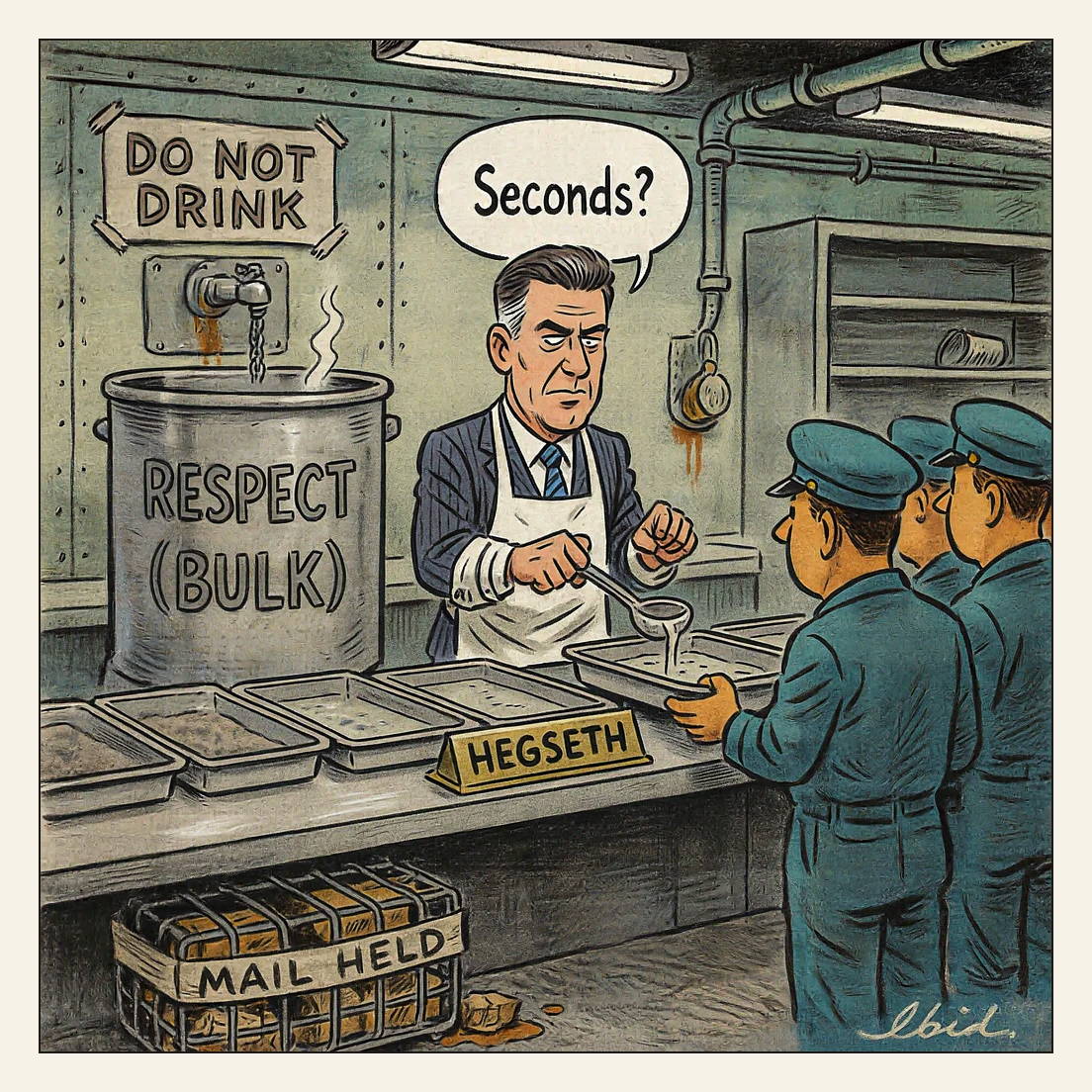 Editorial cartoon: on a warship's mess deck, a labelled Pete Hegseth in a serving apron over his pinstripe suit dips an oversized ladle into a giant steel vat stencilled RESPECT (BULK) and pours a thin trickle onto the empty trays of gaunt sailors; a taped bulkhead sign reads DO NOT DRINK above the drinking fountain, and a padlocked cage of care packages on the deck is banded MAIL HELD. He says, 'Seconds?'