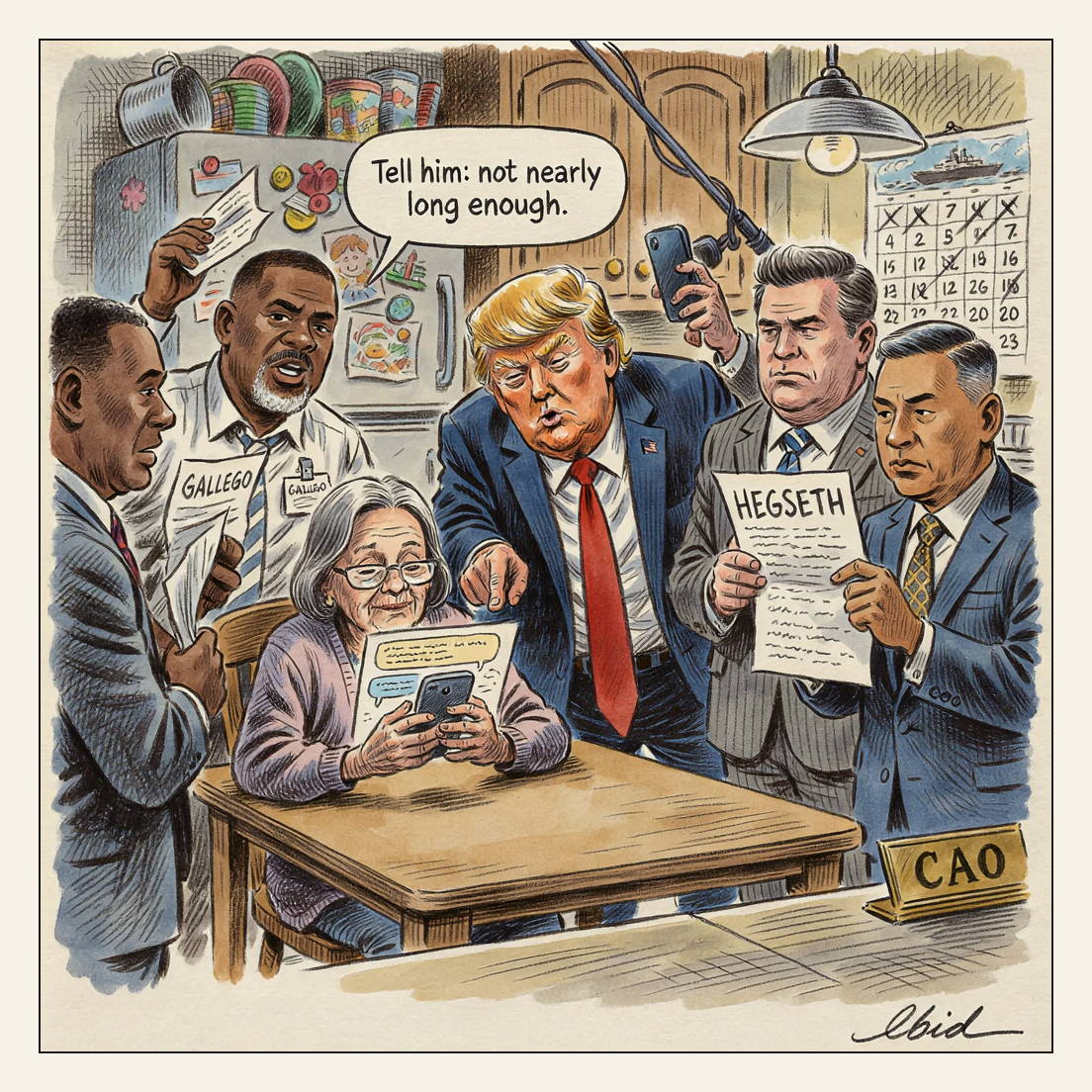 Editorial cartoon: a grandmother at her kitchen table cups a single phone showing a short message from her grandson aboard the USS Abraham Lincoln, while Donald Trump leans over her shoulder dictating a reply, Pete Hegseth thumbs a correction into his own phone, Acting Navy Secretary Hung Cao reads from a statement sheet, Senator Ruben Gallego waves an unanswered letter, and a TV boom mic dips toward the screen.
