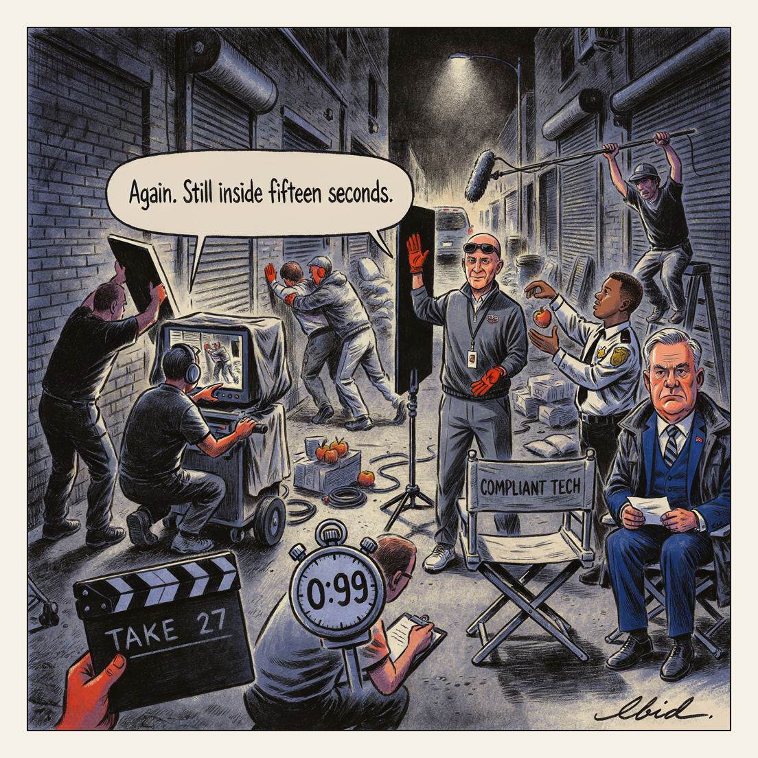 A nighttime ICE arrest run like a film shoot: a cinematographer at a monitor cart calls the frame while the officer's shock-gloved hand is pushed behind a black cutter flag, out of shot. A boom operator dangles a microphone over a police chief describing the product; a director's chair reads COMPLIANT TECH; a script supervisor holds up a stopwatch at 0:99 and a clapper slate reads TAKE 27.