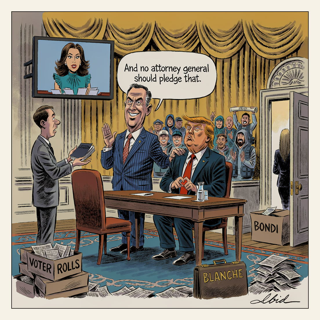 Editorial cartoon: Todd Blanche takes the attorney general's oath with his right hand raised and his left hand flat on Donald Trump's shoulder as Trump sits at a courtroom defense table in a gold-curtained White House room; a clerk holds out a pocket Constitution nobody touches, a banker's box marked BONDI sits by the open door as a blonde figure walks out, evidence boxes marked VOTER ROLLS stand in the foreground beside a briefcase marked BLANCHE, and a wall television carries a Meet the Press interview.