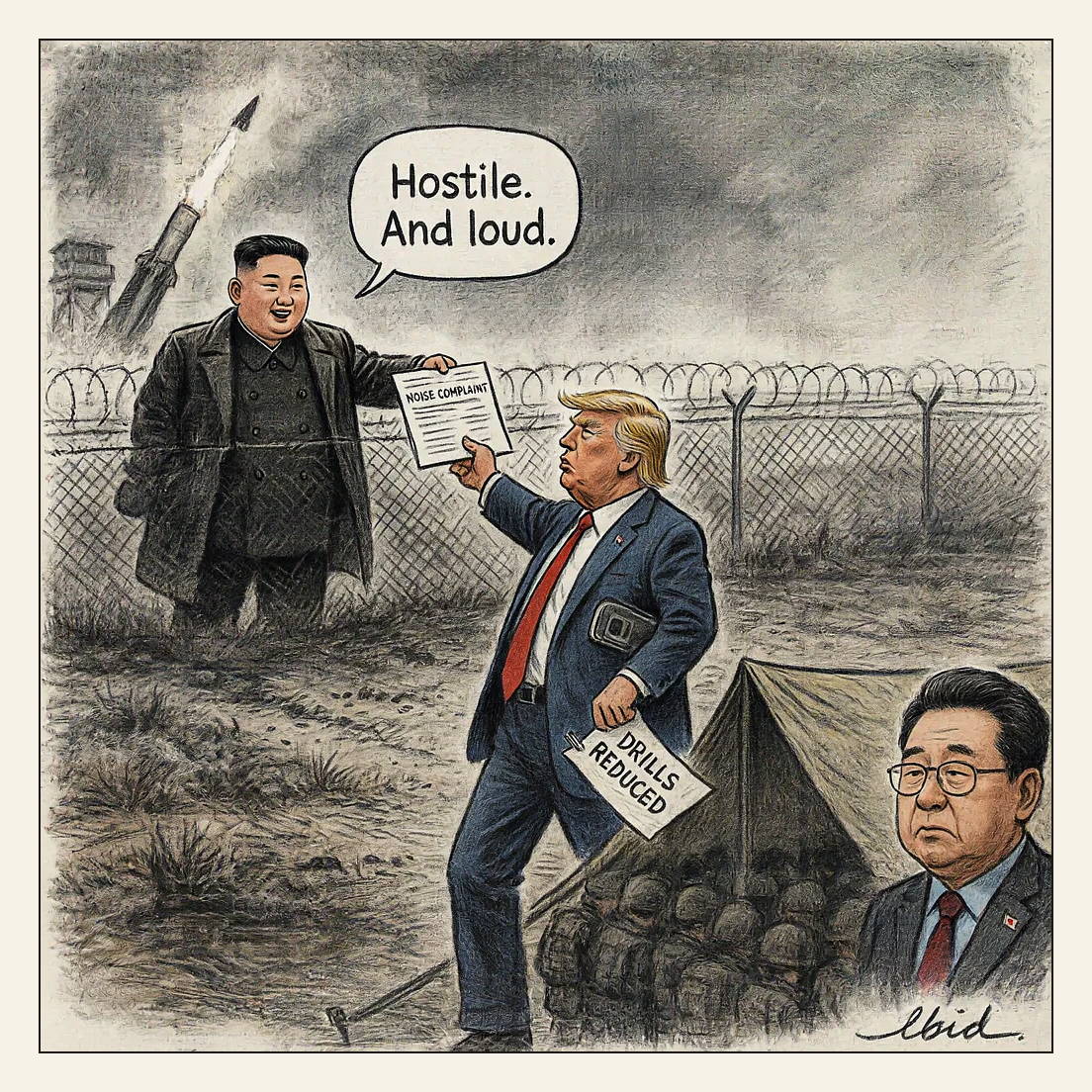 Editorial cartoon: at a barbed-wire DMZ fence, Kim Jong Un leans over the wire to hand Donald Trump a paper marked NOISE COMPLAINT while a ballistic missile climbs out of its launcher in full flame behind him; Trump staples a notice reading DRILLS REDUCED to a soldiers' tent flap as a very tired South Korean president Lee Jae-myung watches. Caption: Very good relationship.