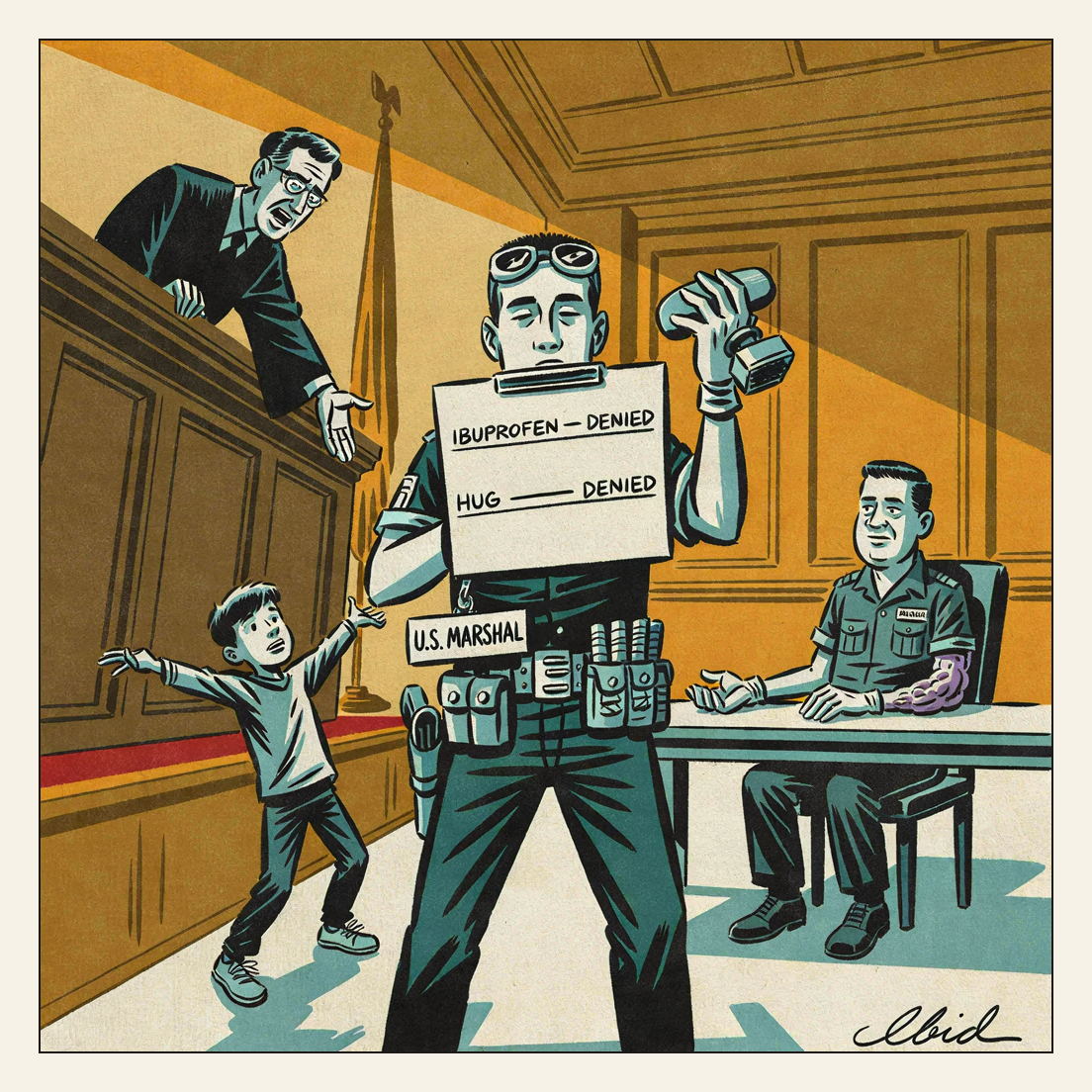 Editorial cartoon: in a courtroom a towering U.S. Marshal holds up a clipboard facing the reader reading 'IBUPROFEN — DENIED' and 'HUG — DENIED', his other forearm barring a teenage boy who stands with arms already open; the judge leans far off the bench pleading, and behind them a journalist in a detention uniform sits with a swollen, unbandaged purple arm.