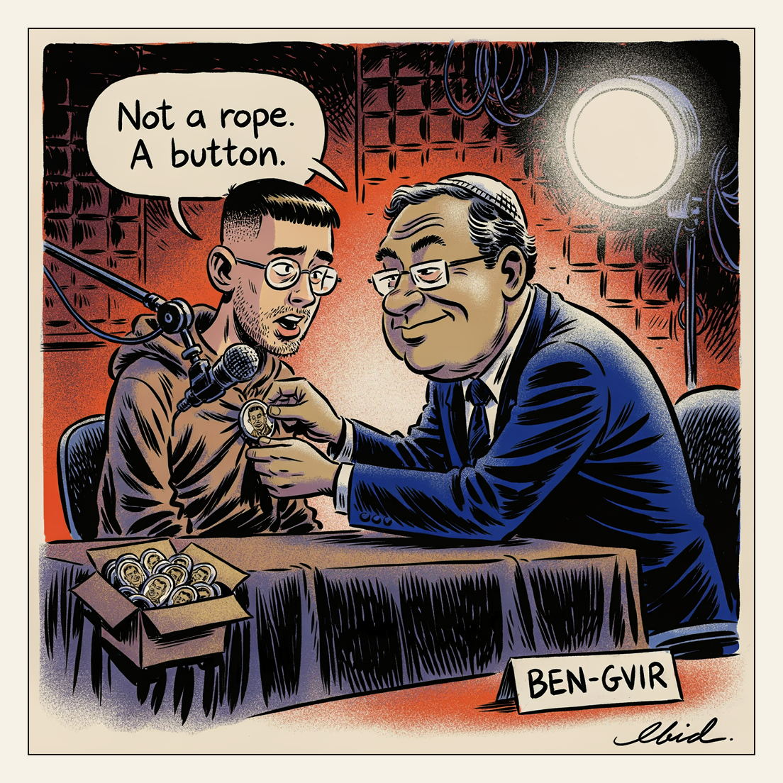 Cartoon of a podcast studio: a smirking Israeli minister leans across the table to pin a campaign badge printed with his own face onto the hoodie of a gaunt young former captive, who is saying into his microphone that he doesn't want a rope, he wants a button. A box of identical badges sits on the table.