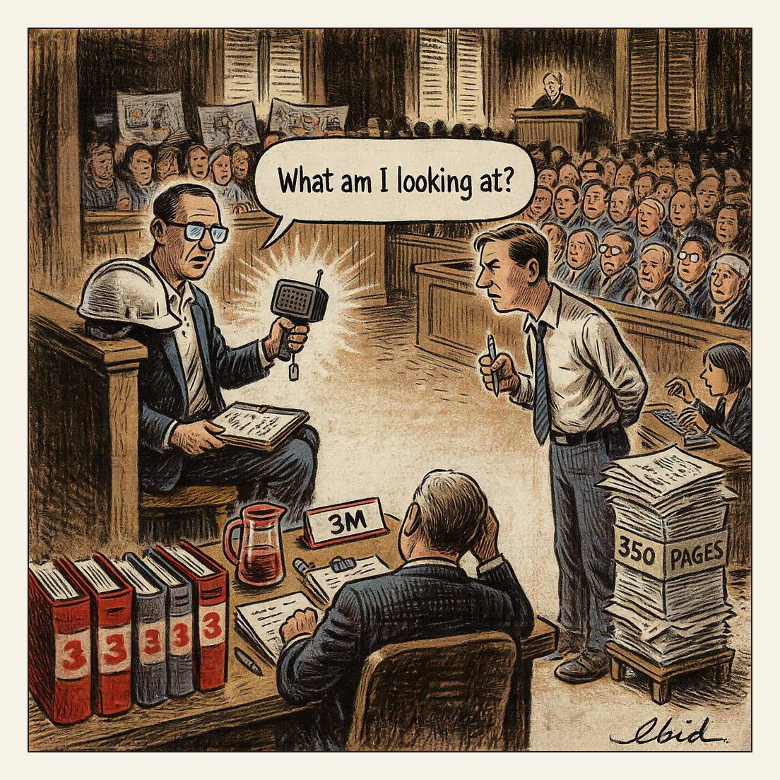Woodcut-style cartoon of a packed courtroom: a paid expert witness in the box holds a soot-blackened gas detector aloft in one hand while aiming his phone at it with the other, his speech balloon reading 'What am I looking at?'. A plaintiffs' attorney watches beside a two-foot stack of printouts banded '350 PAGES', and 3M's pinstriped counsel slumps at a table of red-logoed binders behind a nameplate reading '3M'.
