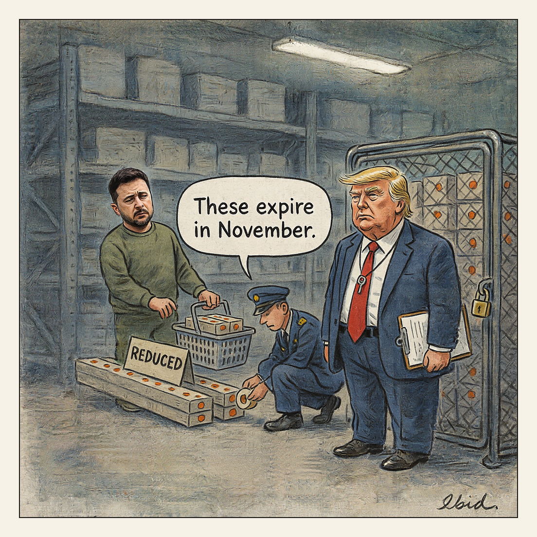 In a cold military stockroom a small, exhausted Zelenskyy holds a wire supermarket basket with two missile-interceptor crates taken from a bottom shelf marked REDUCED, while a bored uniformed clerk crouches and presses an orange expiry sticker onto another crate, saying 'These expire in November.' At right, Trump stands in front of a padlocked steel cage of clean, unstickered crates, a key on a lanyard and a clipboard under his arm.