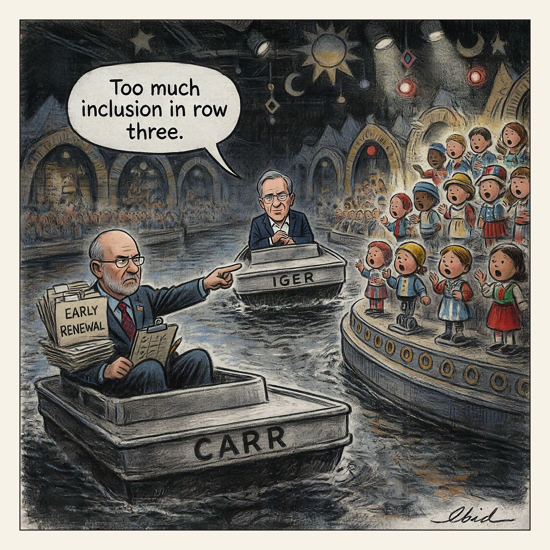 Editorial cartoon: FCC chair Brendan Carr rides a slow theme-park boat marked CARR through an 'it's a small world' ride, eight fat folders marked EARLY RENEWAL jammed in the bow and a clipboard on his knees, pointing at a tier of animatronic children in folk costume and saying 'Too much inclusion in row three.' A second boat marked IGER drifts helplessly behind him.