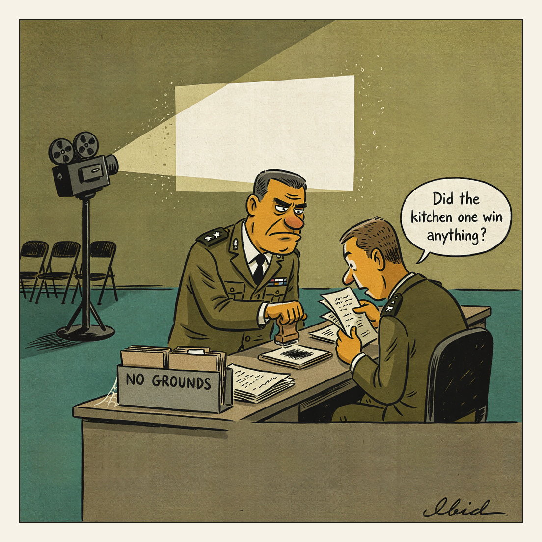 An editorial cartoon set in a cramped military screening room: a blank rectangle of projector light glares on the wall while an IDF officer slams a rubber stamp onto an open case file and a second officer lowers a trade paper to ask a question, beside a tray of two closed folders labelled NO GROUNDS.
