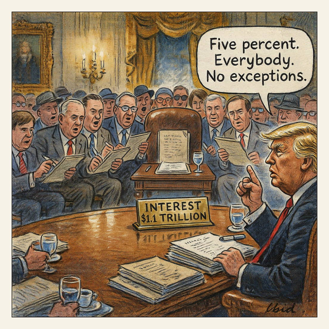 A crowded White House cabinet meeting: Trump gestures from the head of the table saying everyone must cut five percent, secretaries lean in waving thin folders, and one chair on the far side sits empty with an untouched place setting behind a brass nameplate reading INTEREST, $1.1 TRILLION, which nobody looks at.