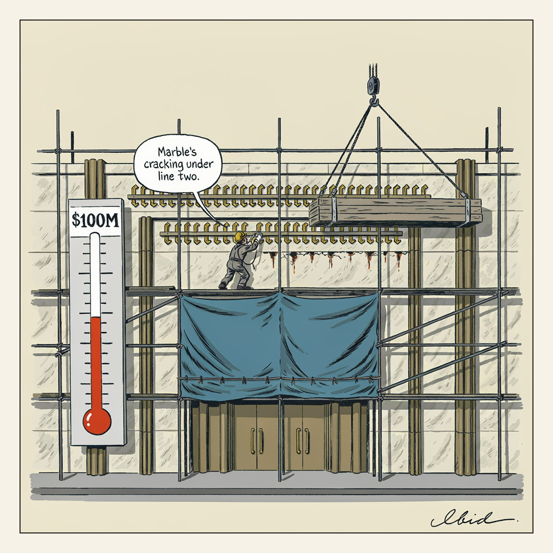 A marble concert-hall facade caged in scaffolding and a blue tarp: two rows of gilt capital letters are already bolted into the stone above a hairline crack, a third row is still sealed in a long crate swinging from a hoist chain, and a hand-painted plywood fundraising thermometer marked $100M is filled barely a fifth of the way. A rigger idles on a plank saying the marble is cracking under line two.
