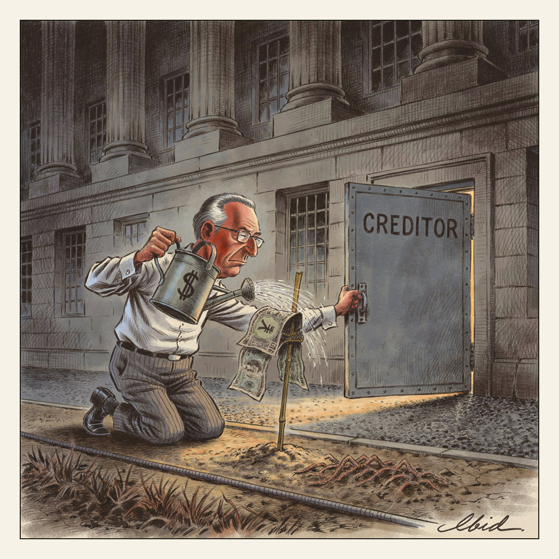 Editorial cartoon: in the gravel service yard behind a huge Treasury building, Treasury Secretary Scott Bessent kneels in rolled shirtsleeves misting a limp, wilting banknote marked with a yen sign that is tied to a bamboo garden stake, using a watering can marked with a dollar sign. Beside him a plain steel side door lettered CREDITOR is opening, a cuffed hand already on the handle. Caption below: Debt service.