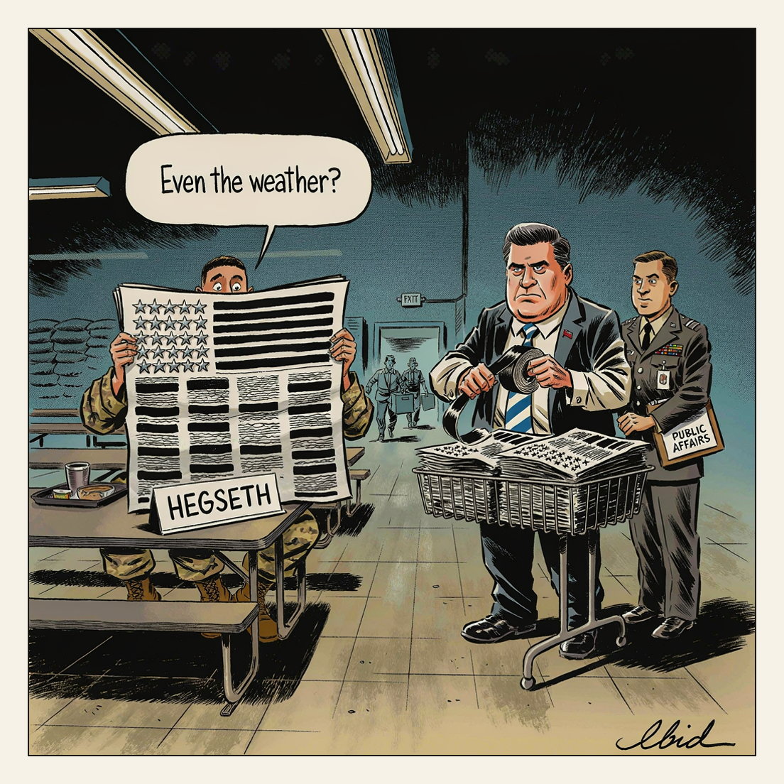 A soldier in a chow hall holds up a Stars and Stripes front page whose masthead stars are polished pinned general's rank stars and whose stripes and every column below are solid black bars, while Defense Secretary Pete Hegseth restocks the newspaper rack, pressing black tape across the stacked front pages as a public affairs officer holds the roll steady.