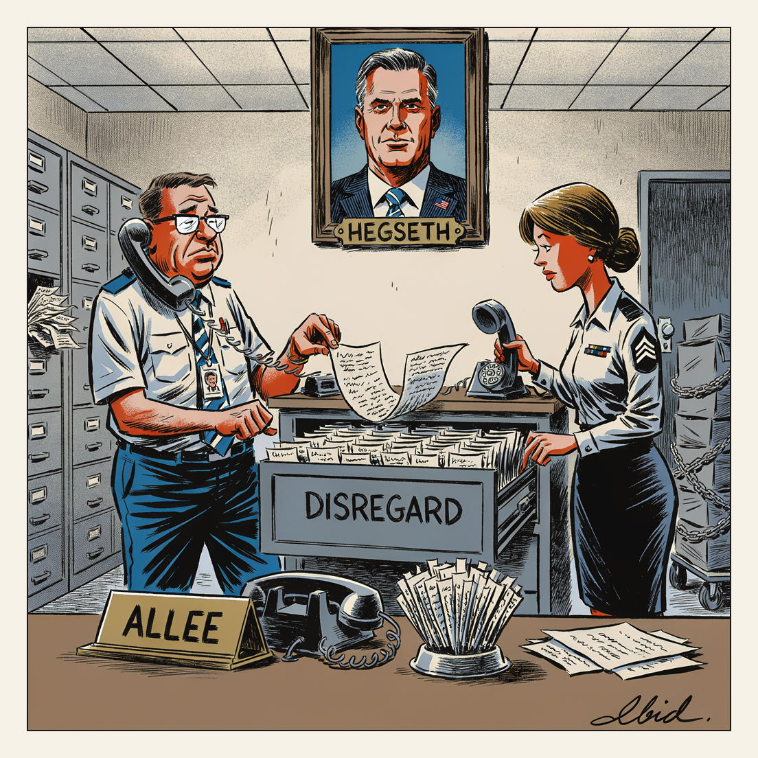 Editorial cartoon: in a cramped CENTCOM press office a shrugging civilian staffer, phone wedged under his jaw and a brass nameplate reading ALLEE on his desk, drops a freshly printed statement into a steel card drawer stencilled DISREGARD that is already packed with tabbed cards; behind him an officer sets down a receiver beneath a framed portrait plated HEGSETH, beside a spike of unanswered press queries.